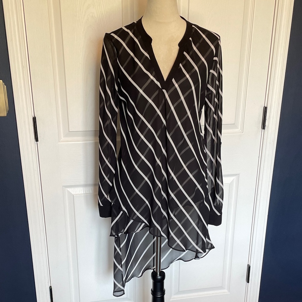 Joseph Ribkoff Black & White Diagonal Stripe Asymmetric Sheer Tunic Size 6